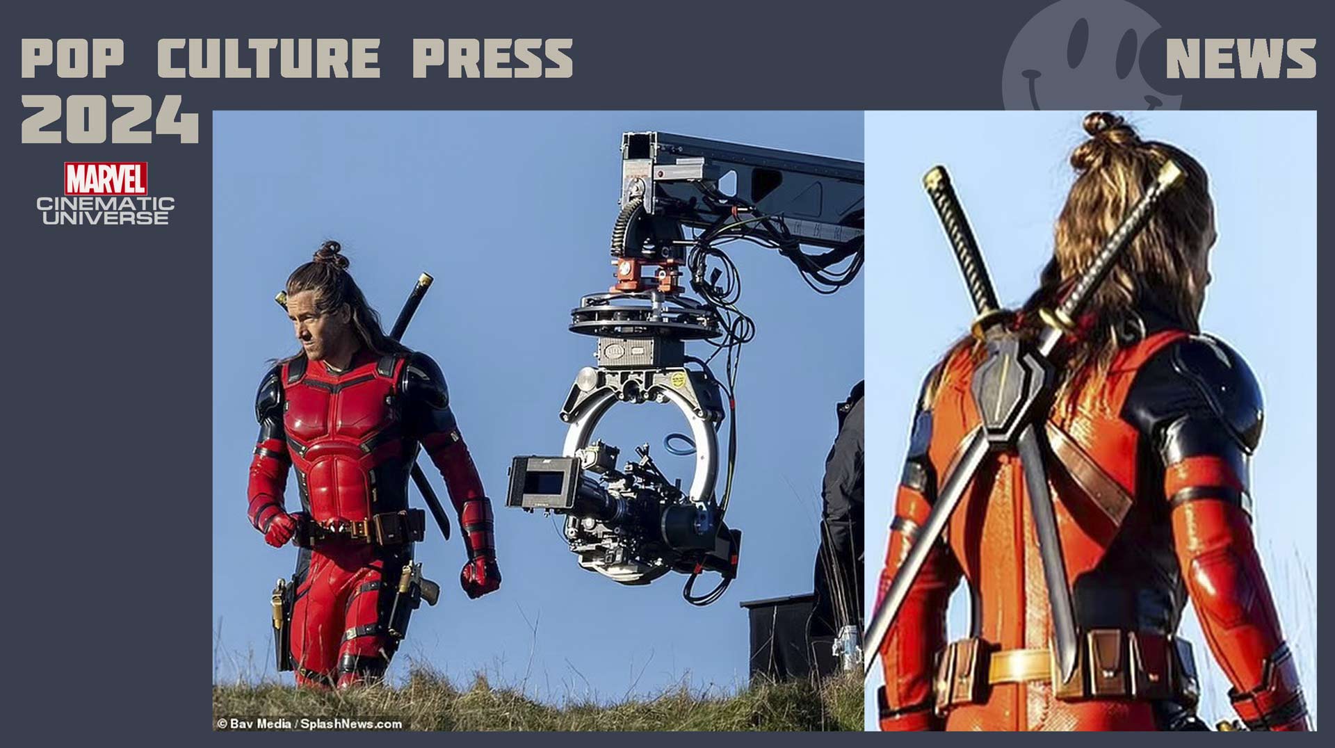 Deadpool III set photos with Wolverine in yellow suit, Ryan Reynolds as Deadpool variant, and Dogpool, featuring outdoor shots with camera crane
