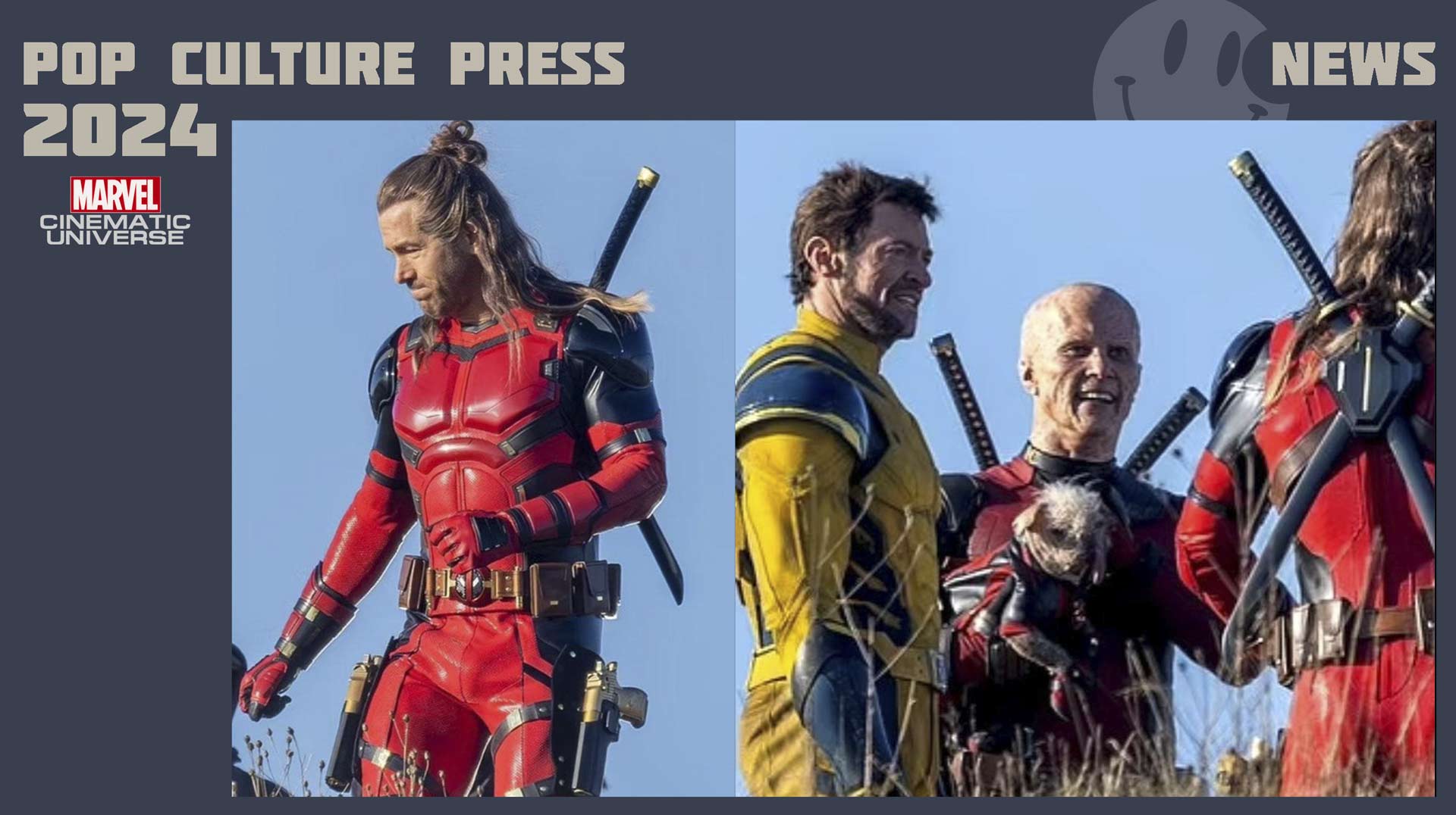 Deadpool III set photos with Wolverine in yellow suit, Ryan Reynolds as Deadpool variant, and Dogpool, featuring outdoor shots with camera crane.