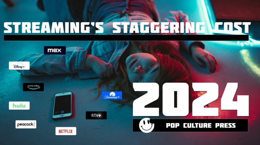 Young Gen Z woman fainting on the floor with her smartphone beside her, overwhelmed by her annual streaming costs exceeding $1000 in 2024.